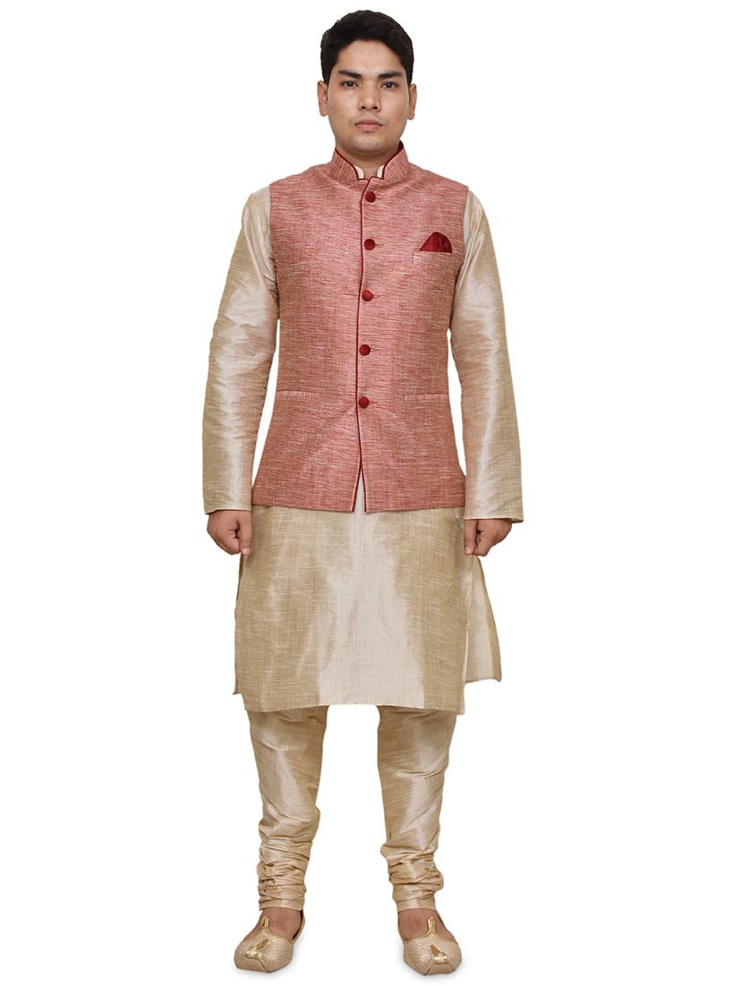 double tone silk blend kurta pyjama with jacket ethnic wear set - 19188076 - Zoom Image - 0