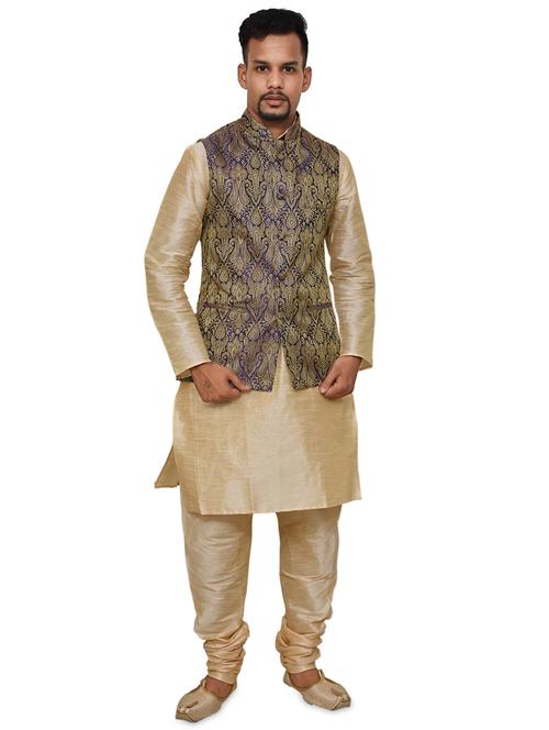gold silk blend kurta pyjama with jacket ethnic wear set - 19188084 - Standard Image - 0