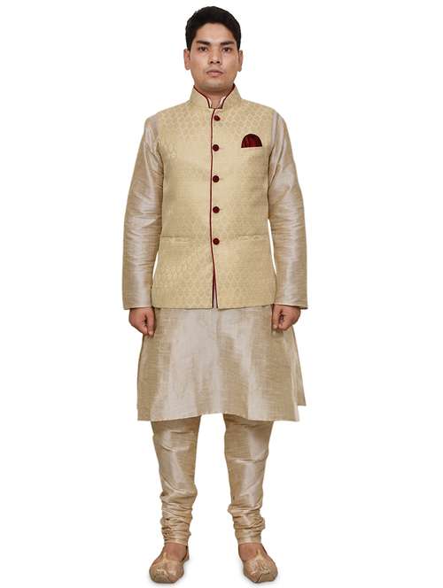double tone silk blend kurta pyjama with jacket ethnic wear set - 19188086 - Standard Image - 0