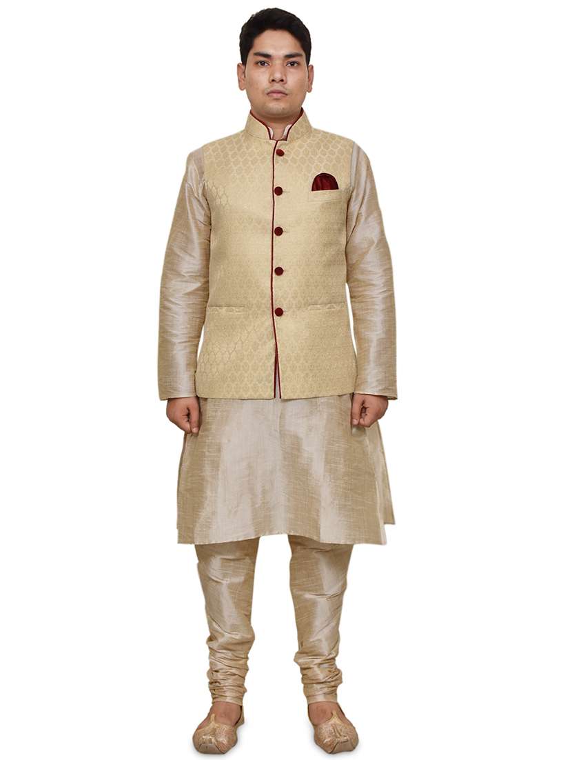 double tone silk blend kurta pyjama with jacket ethnic wear set - 19188086 - Zoom Image - 0