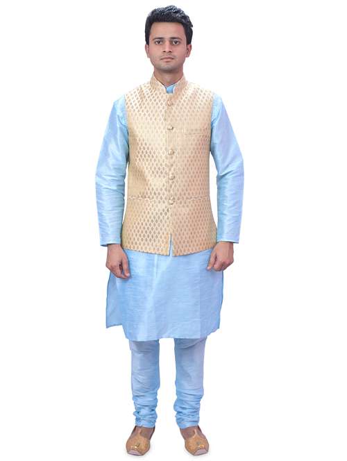 sky blue silk blend kurta pyjama with jacket ethnic wear set - 19188100 - Standard Image - 0