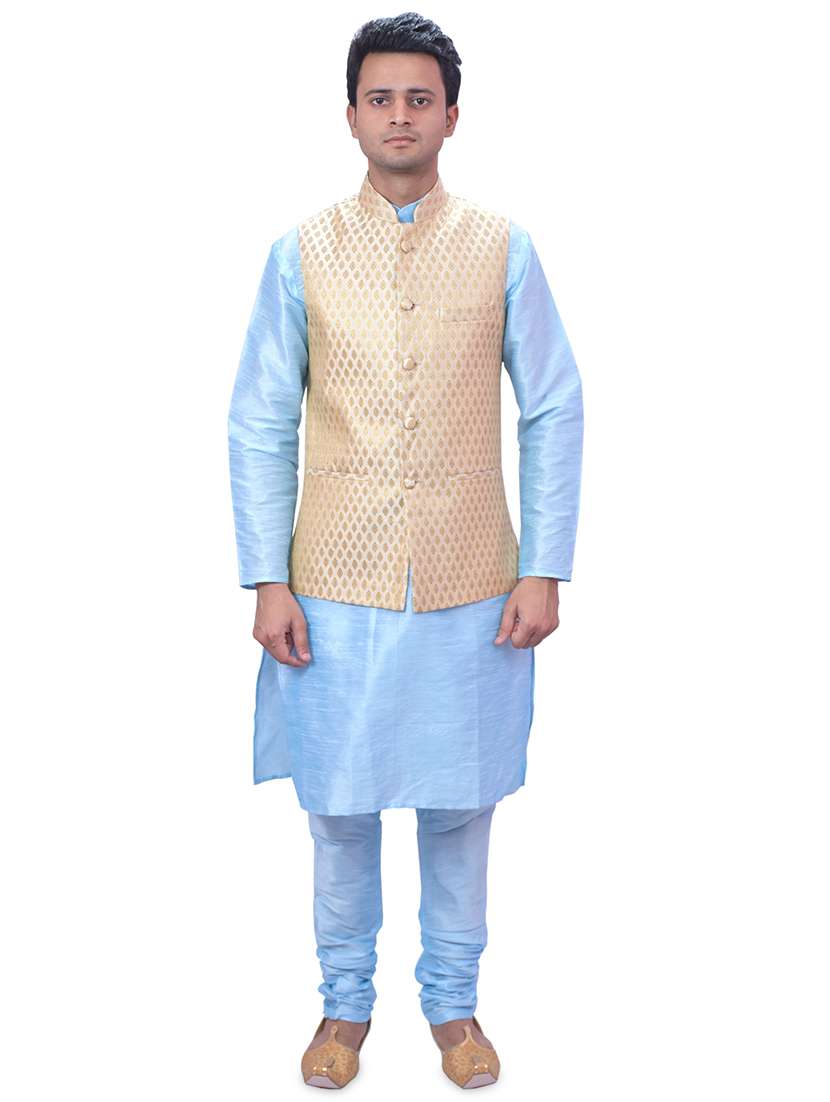 sky blue silk blend kurta pyjama with jacket ethnic wear set - 19188100 - Zoom Image - 0