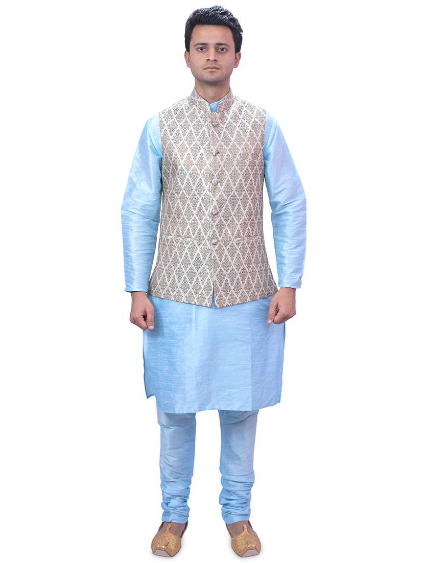 sky blue silk blend kurta pyjama with jacket ethnic wear set - 19188105 -  Zoom Image - 0