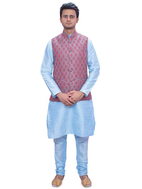 sky blue silk blend kurta pyjama with jacket ethnic wear set - 19188121 - Standard Image - 0