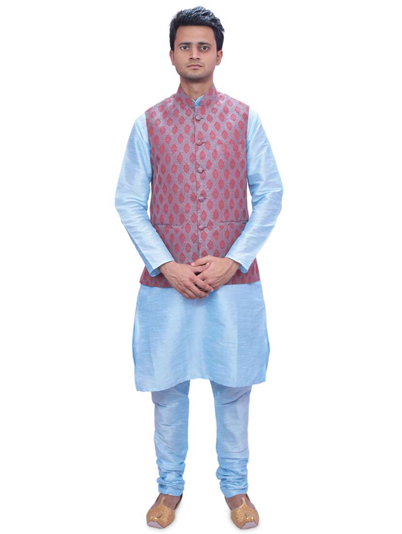 sky blue silk blend kurta pyjama with jacket ethnic wear set - 19188121 - Zoom Image - 0