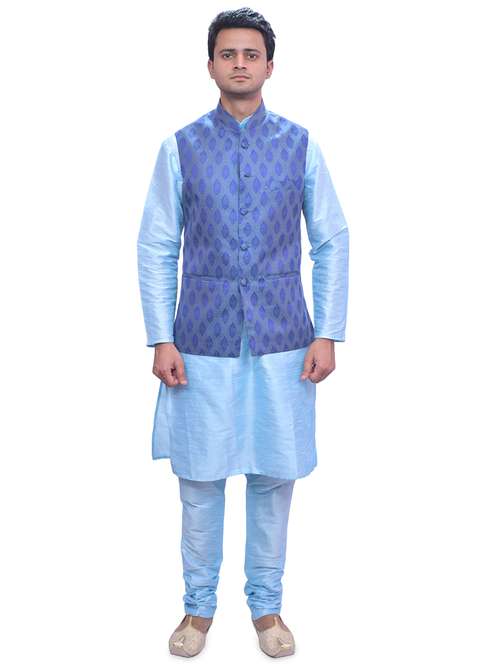 sky blue silk blend kurta pyjama with jacket ethnic wear set - 19188125 - Standard Image - 0
