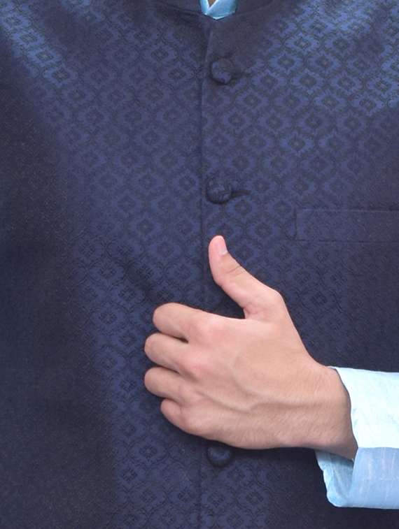 sky blue silk blend kurta pyjama with jacket ethnic wear set - 19188132 -  Standard Image - 3