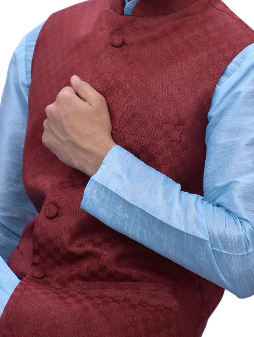 sky blue silk blend kurta pyjama with jacket ethnic wear set - 19188140 -  Standard Image - 3