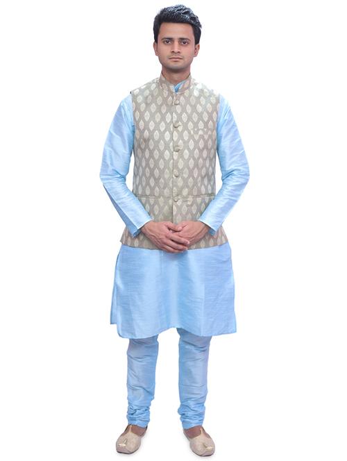 sky blue silk blend kurta pyjama with jacket ethnic wear set - 19188148 - Standard Image - 0