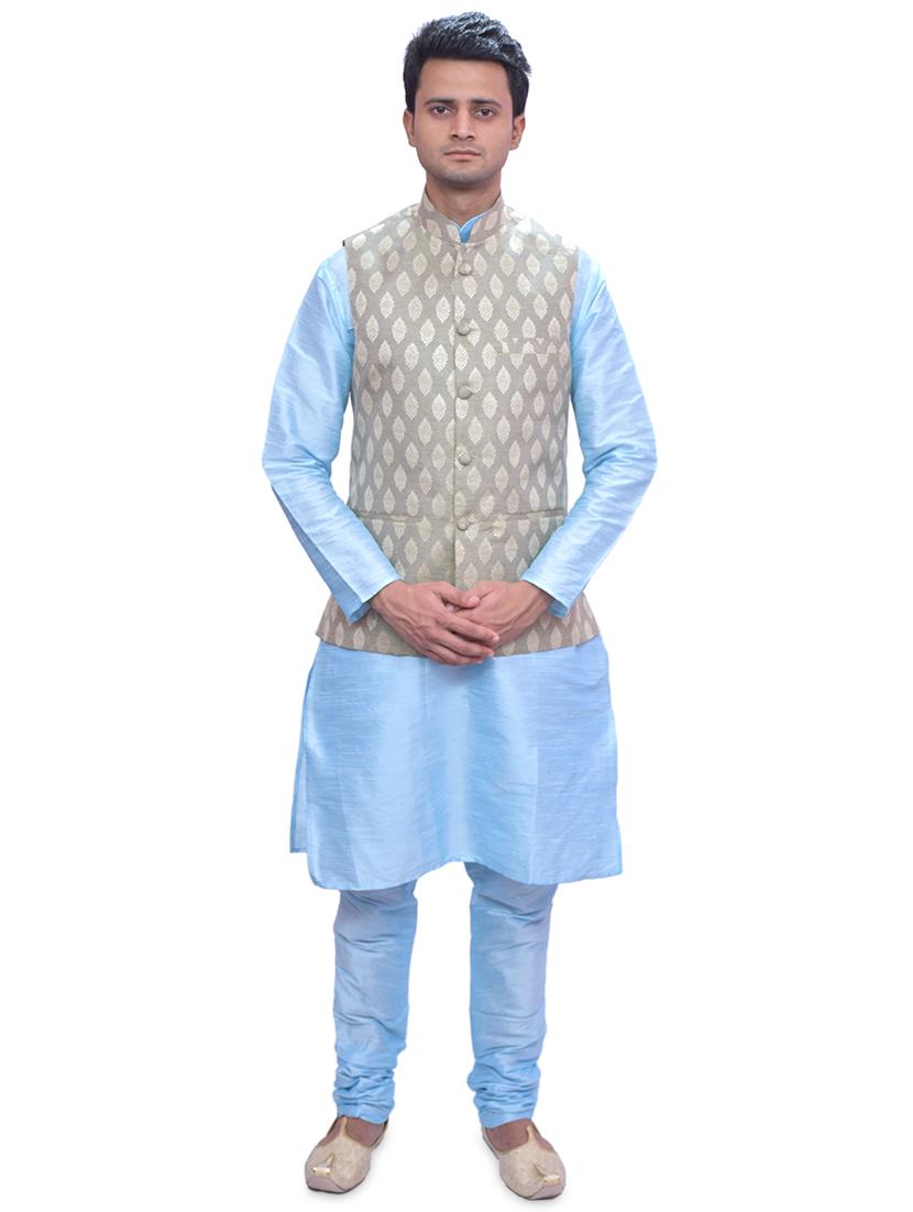sky blue silk blend kurta pyjama with jacket ethnic wear set - 19188148 - Zoom Image - 0