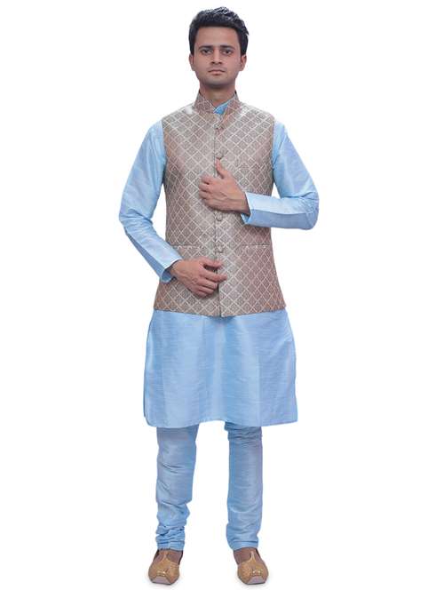 sky blue silk blend kurta pyjama with jacket ethnic wear set - 19188152 -  Standard Image - 0