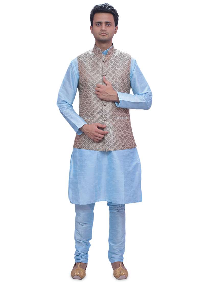 sky blue silk blend kurta pyjama with jacket ethnic wear set - 19188152 -  Zoom Image - 0