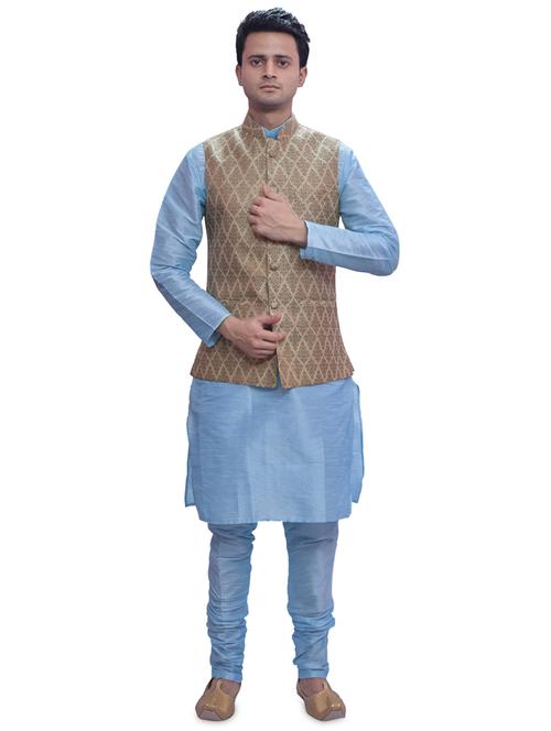 sky blue silk blend kurta pyjama with jacket ethnic wear set - 19188165 -  Standard Image - 0