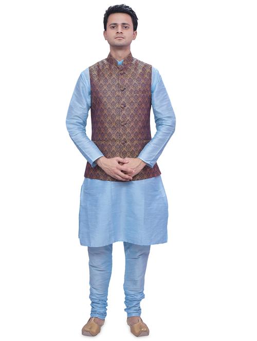 sky blue silk blend kurta pyjama with jacket ethnic wear set - 19188172 -  Standard Image - 0