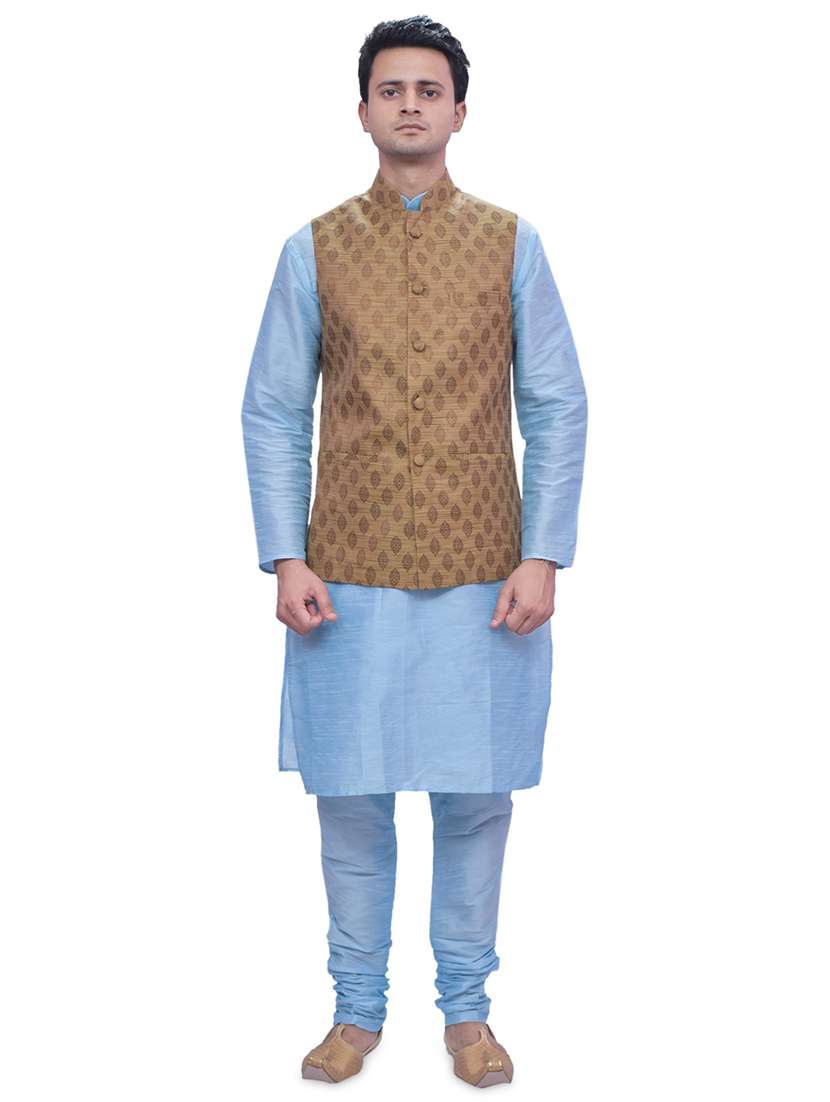 sky blue silk blend kurta pyjama with jacket ethnic wear set