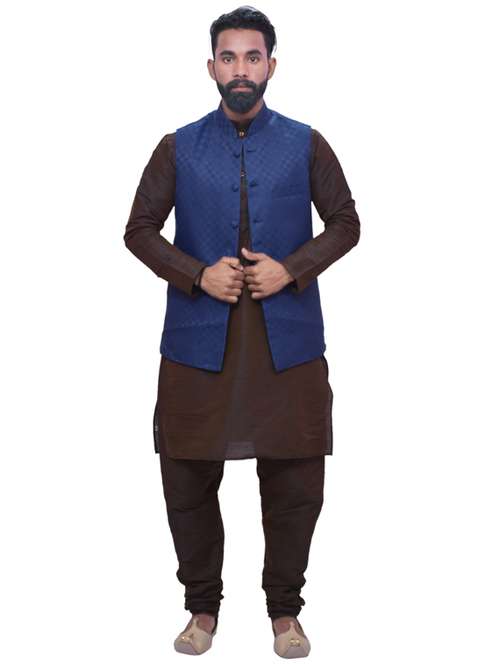 brown silk blend kurta pyjama with jacket ethnic wear set - 19188226 -  Standard Image - 0