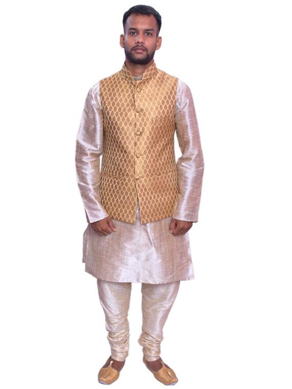 gold silk blend kurta pyjama with jacket ethnic wear set - 19188229 -  Zoom Image - 0