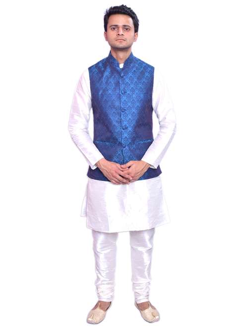 blue silk blend kurta pyjama with jacket - 19188248 - Standard Image - 0
