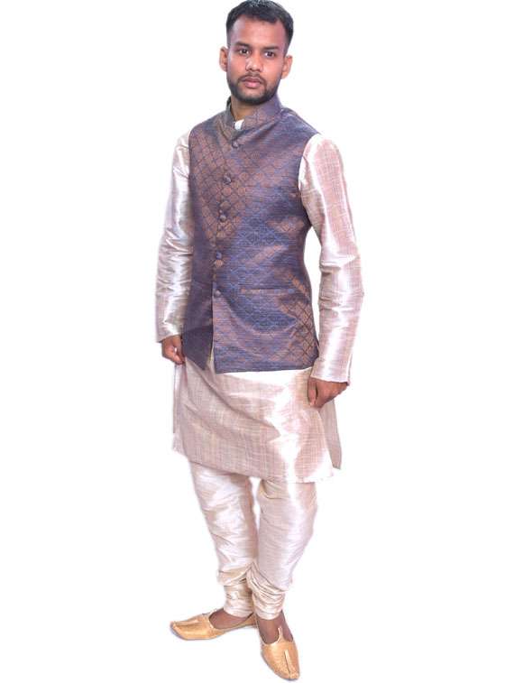 gold silk blend kurta pyjama with jacket ethnic wear set