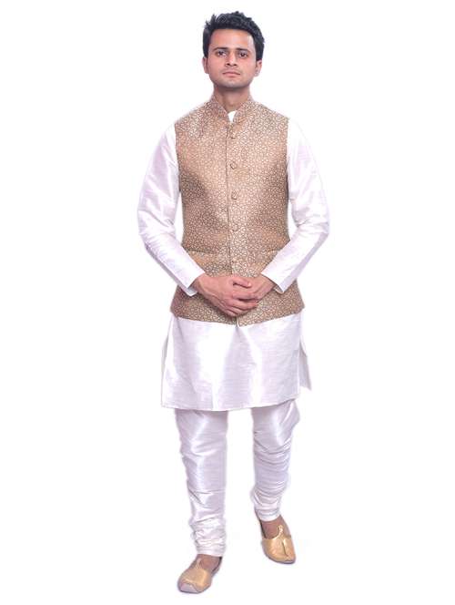 white silk blend kurta pyjama with jacket ethnic wear set - 19188270 -  Standard Image - 0
