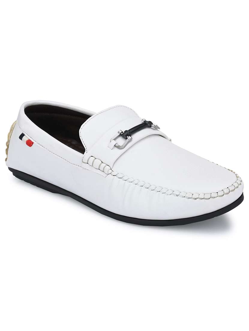 white synthetic slip on loafers