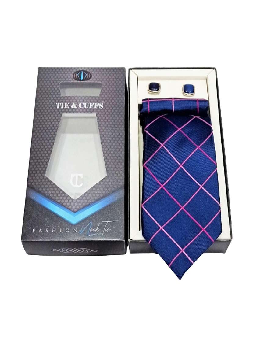 men blue checkered tie, pocket square & cufflinks combo  