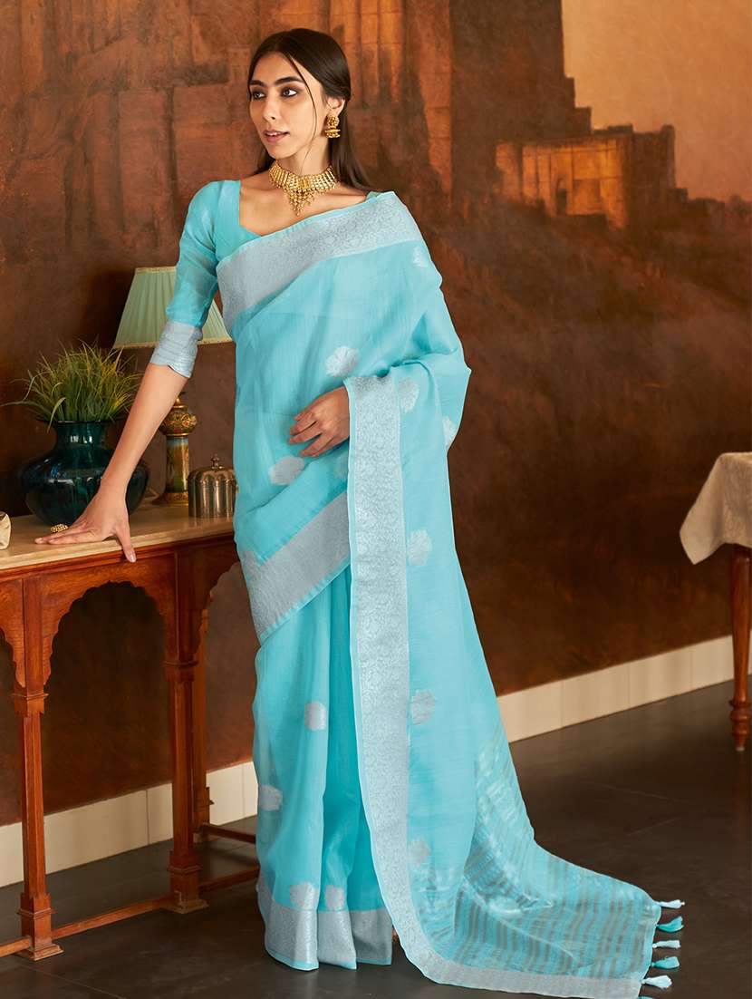 sky blue linen saree