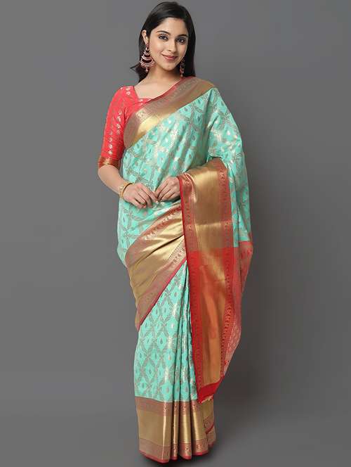 light blue silk blend kanjivaram saree with blouse - 19198039 - Standard Image - 0