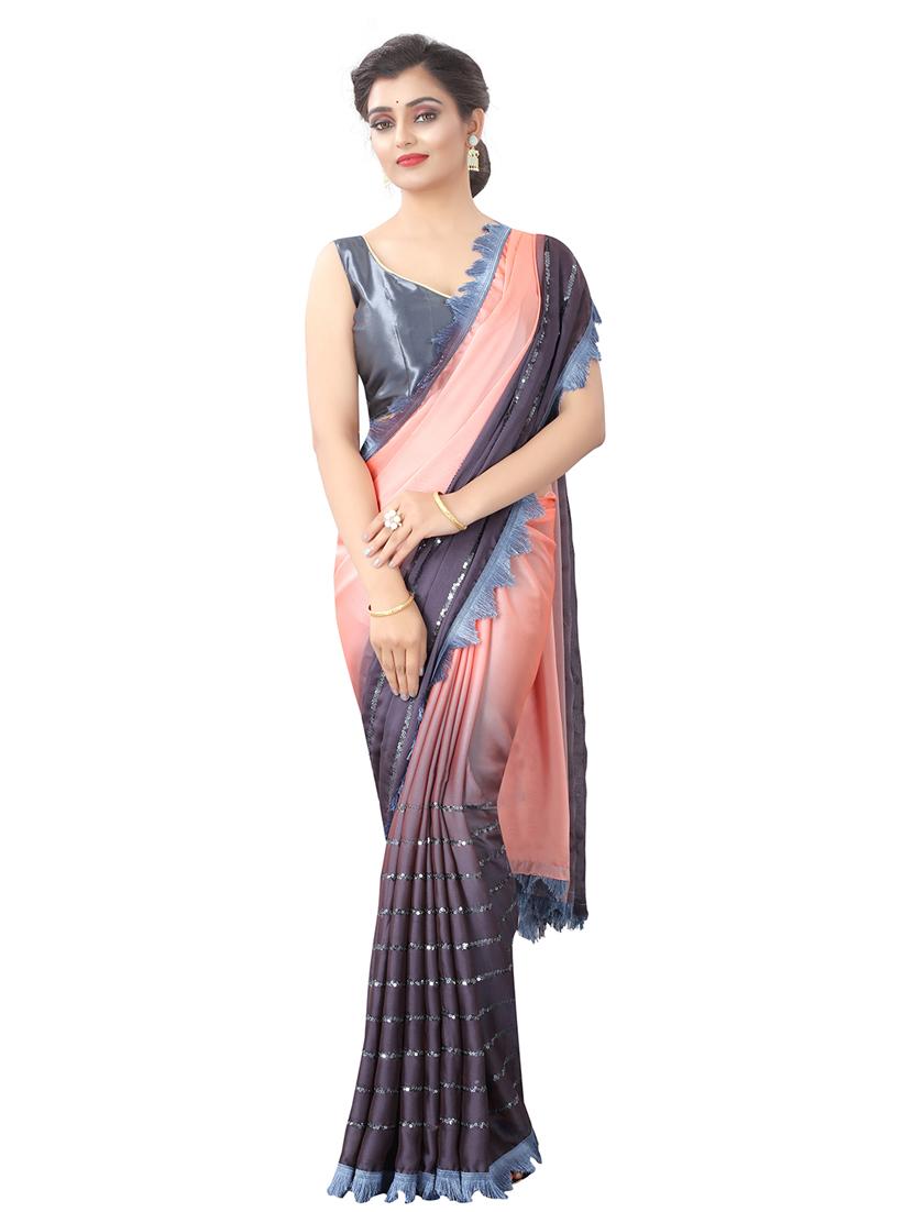 peach & grey ombre print saree with blouse - 19198393 - Zoom Image - 0