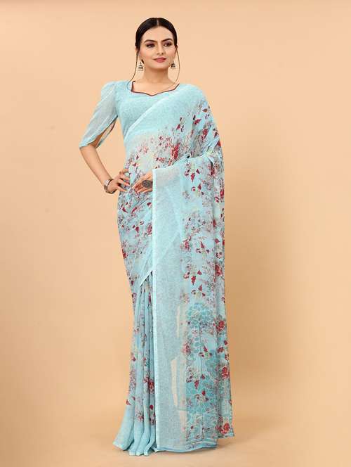 light blue printed saree with blouse - 19198548 - Standard Image - 0