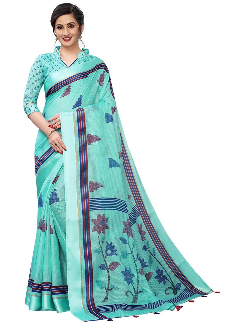 light blue printed set saree with blouse - 19199814 -  Zoom Image - 0