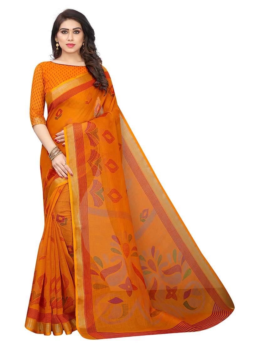 mustard printed saree with blouse - 19200180 -  Zoom Image - 0
