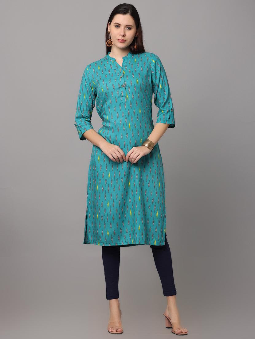 Turquoise Blue Printed Rayon Straight kurta With Pant And Dupatta –  Leemboodi