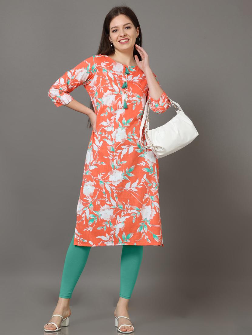 orange printed straight kurta