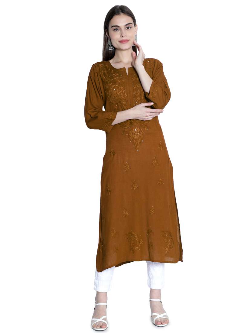 brown embroidered straight kurta