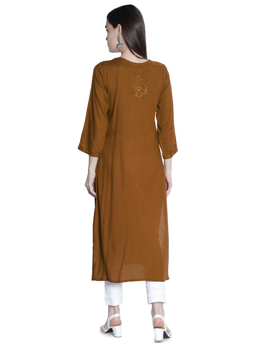 brown embroidered straight kurta - 19207413 - Standard Image - 3