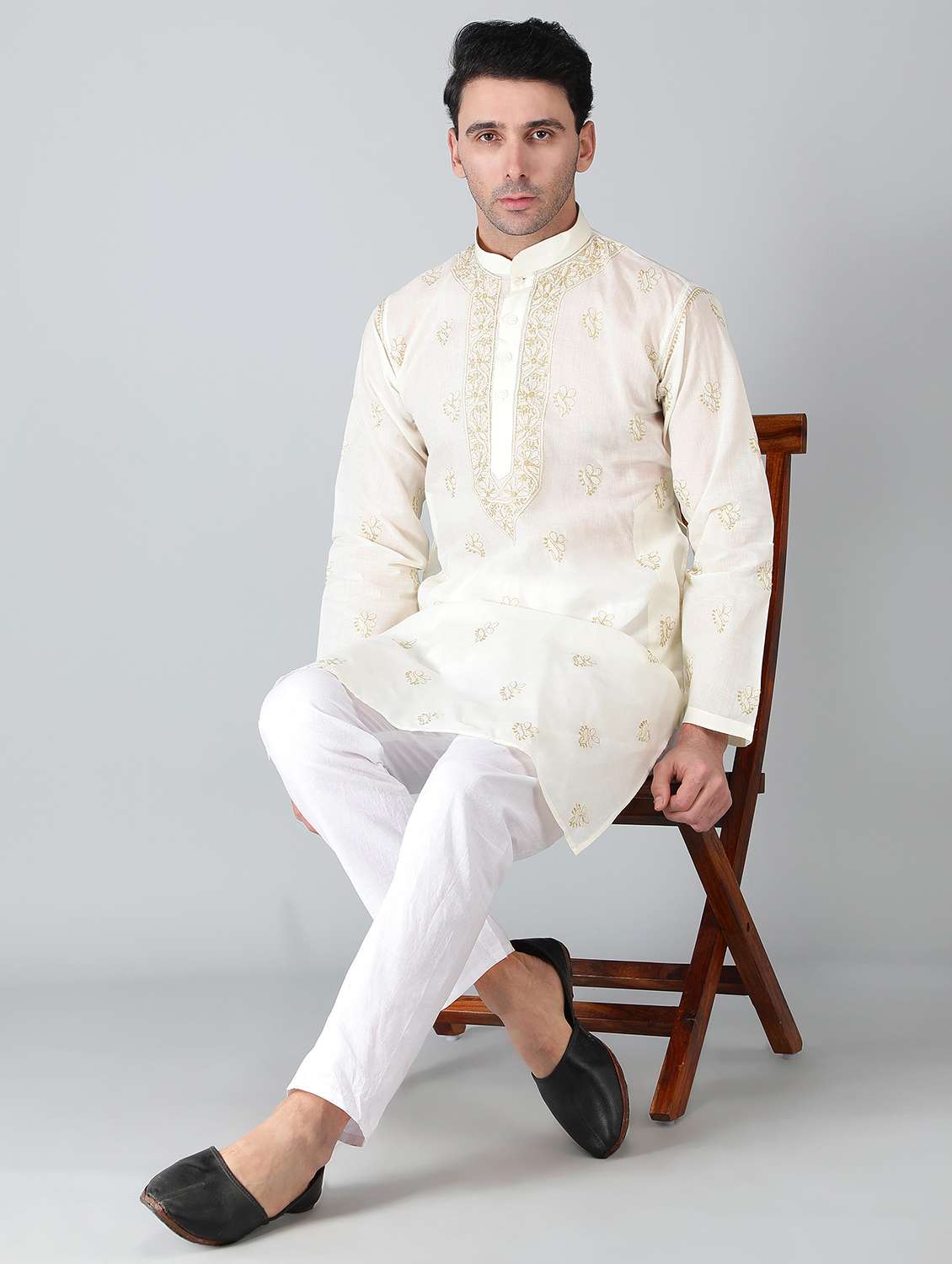 mandarin neck cotton long kurta - 19208490 -  Standard Image - 3