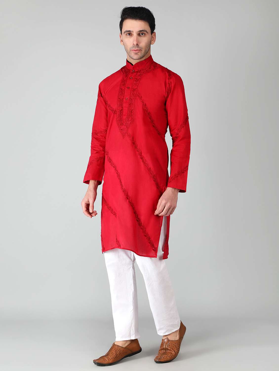 mandarin neck cotton long kurta - 19208494 -  Standard Image - 3