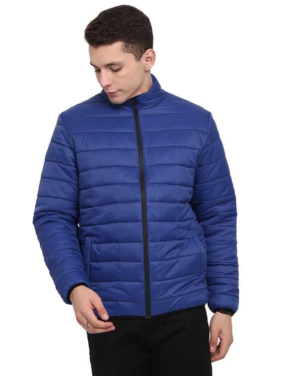 men blue solid long sleeve quilted jacket