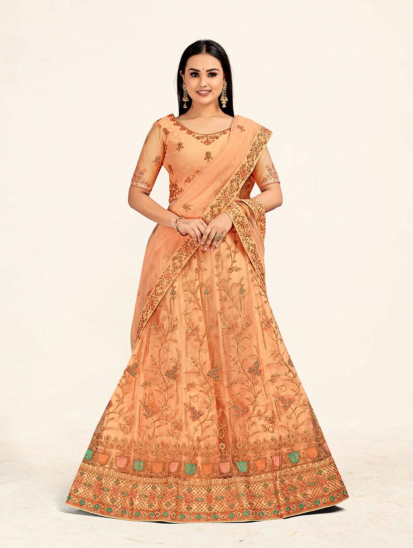 peach flared embroidered lehenga - 19218038 - Zoom Image - 0
