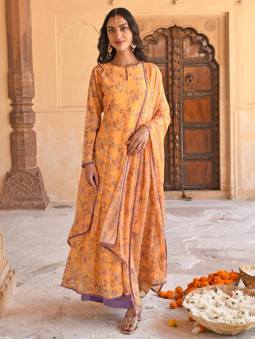 janasya yellow georgette floral printed kurta with flared palazzo and dupatta - 19218487 - Standard Image - 0