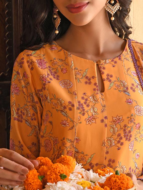 janasya yellow georgette floral printed kurta with flared palazzo and dupatta - 19218487 - Standard Image - 3