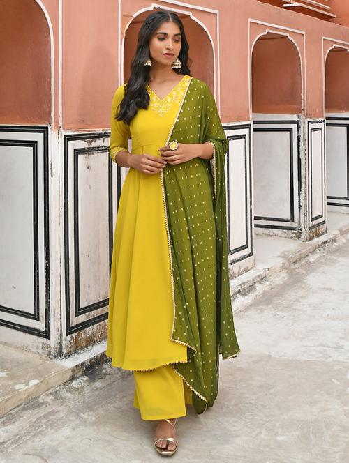 janasya yellow georgette embellished kurta with palazzo and dupatta - 19218518 -  Standard Image - 0