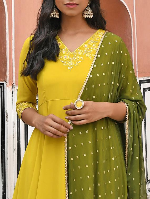 janasya yellow georgette embellished kurta with palazzo and dupatta - 19218518 - Standard Image - 3