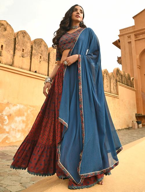 printed semi-stitched flared lehenga choli set with dupatta - 19218841 - Standard Image - 0