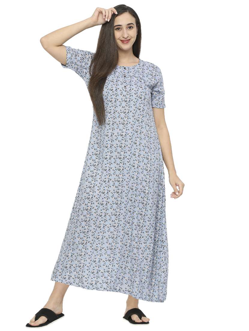 purist blue floral printed cotton nighty 
