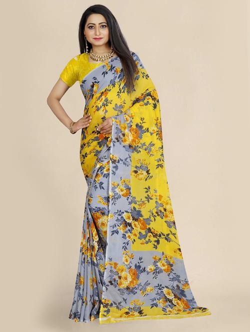 yellow printed saree with blouse - 19261376 - Standard Image - 0
