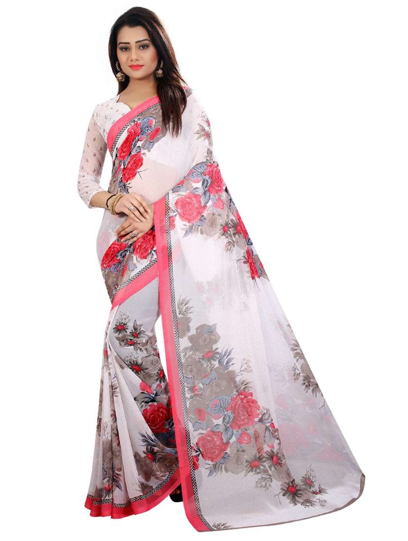 women's floral white colored saree with blouse
