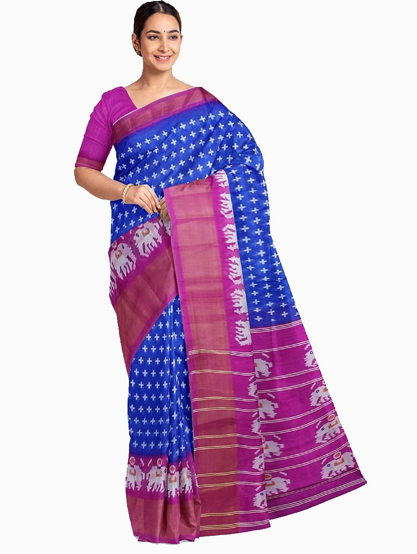 women's printed royal blue colored saree with blouse - 19261756 -  Zoom Image - 0