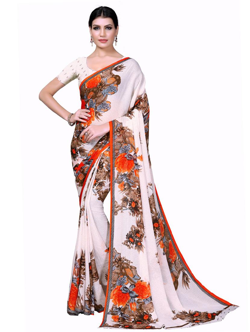 women's floral white colored saree with blouse